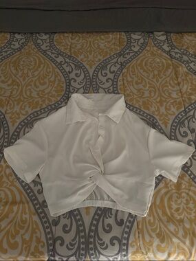White Twist-Front Cropped Polo Top